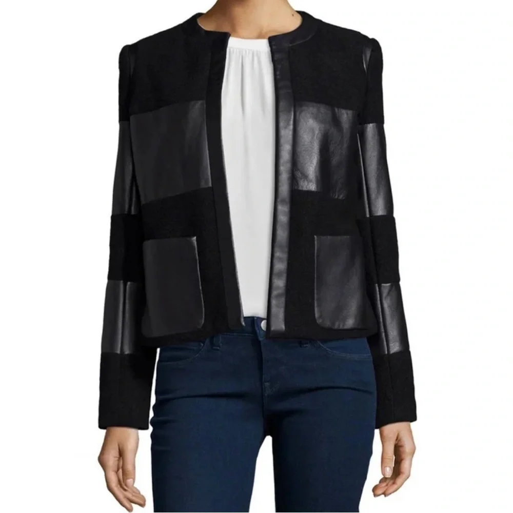 NWOT L’Agence Women’s Harper Leather and Wool Contrast Blazer in‎ Black Size 2